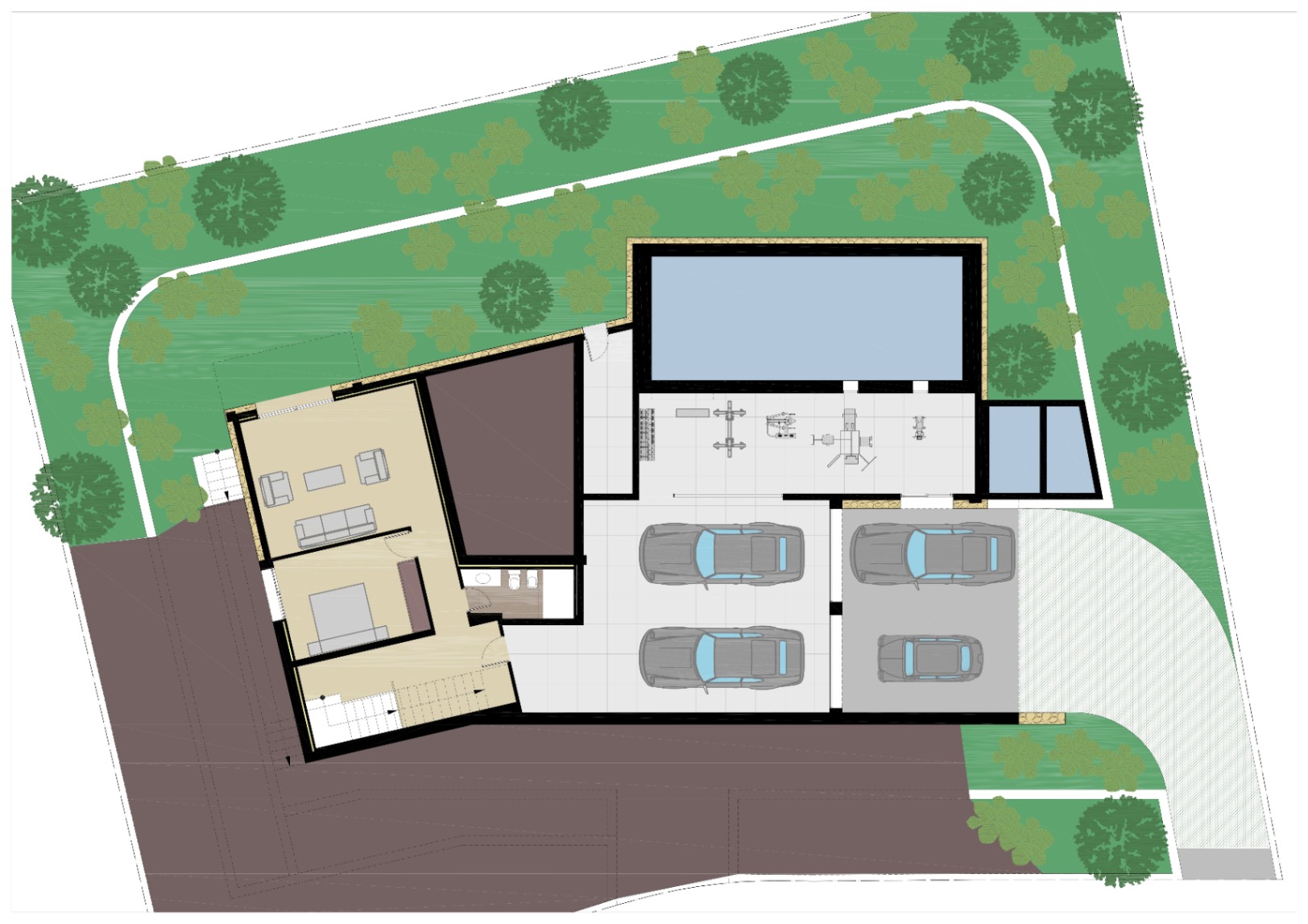 Plano detallado de la planta sótano que incluye un amplio garaje para varios vehículos, zona de gimnasio, piscina interior y una suite de invitados completa.