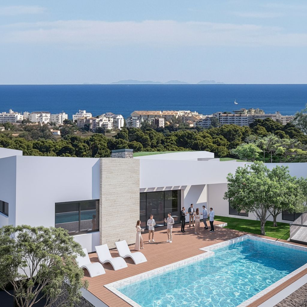 Vista exterior de la villa con piscina, terraza de madera y fachada blanca moderna, ofreciendo vistas panorámicas al mar Mediterráneo y Jávea.