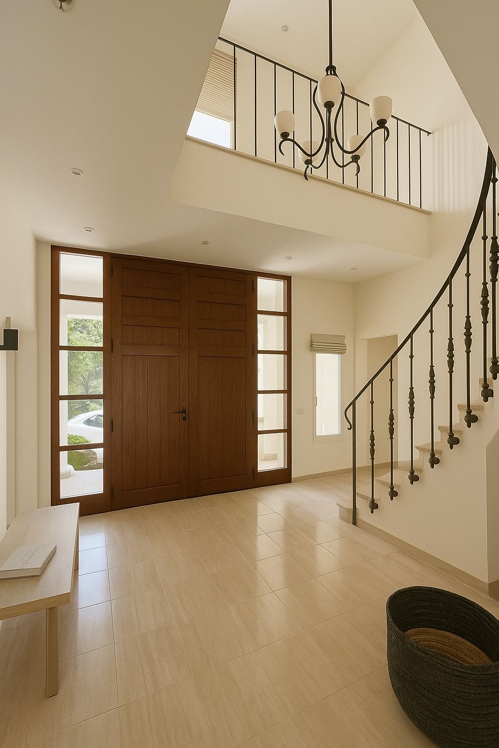 Majestuoso hall de entrada con techos de doble altura, gran puerta de madera con paneles laterales acristalados y escalera curva con barandilla de hierro forjado.