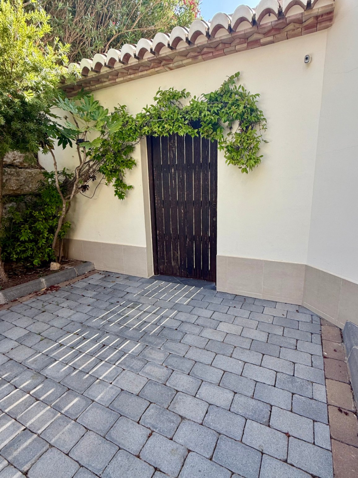 Puerta de madera oscura de estilo rústico enmarcada por vegetación natural, con suelo de adoquines grises y tejado de teja tradicional mediterránea.