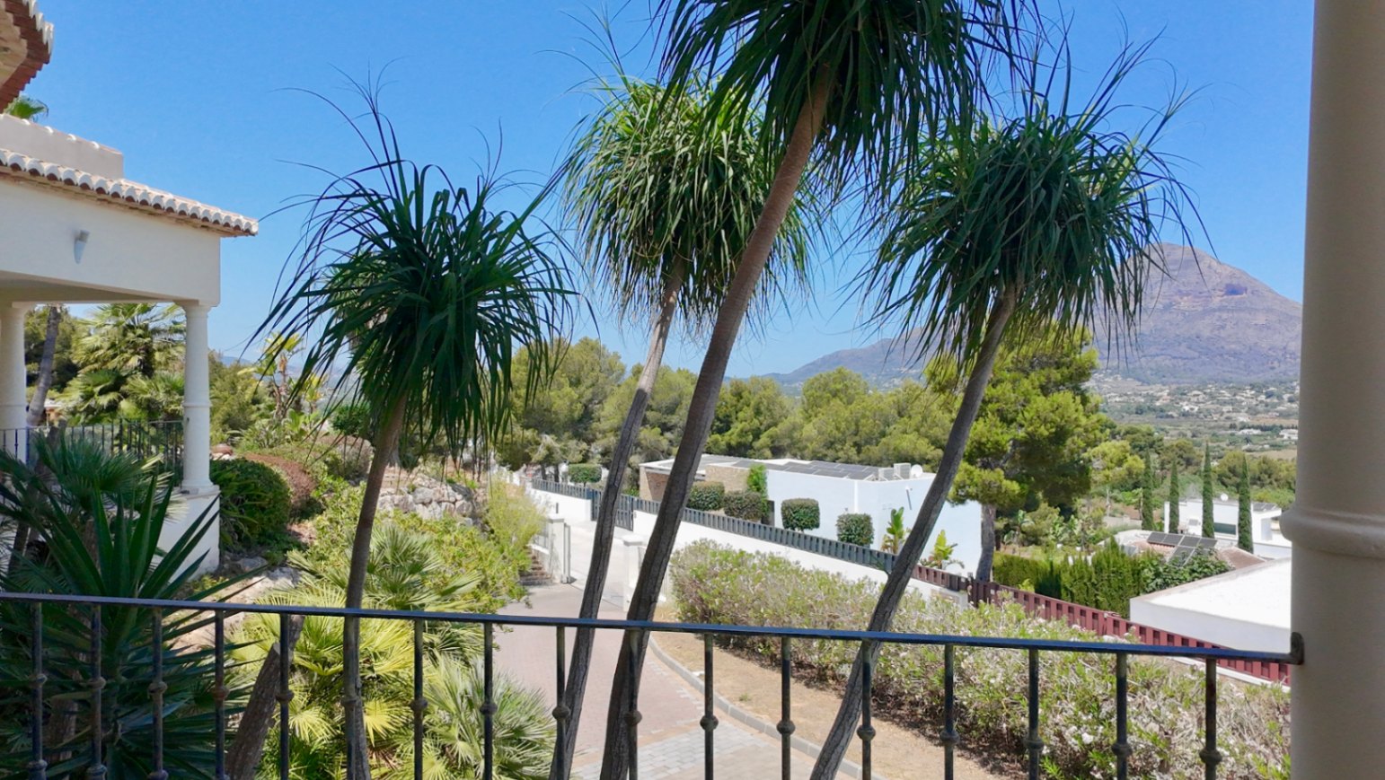 Vista desde la terraza superior con barandilla de forja, destacando las palmeras ornamentales y la silueta del Montgó sobre el paisaje mediterráneo.